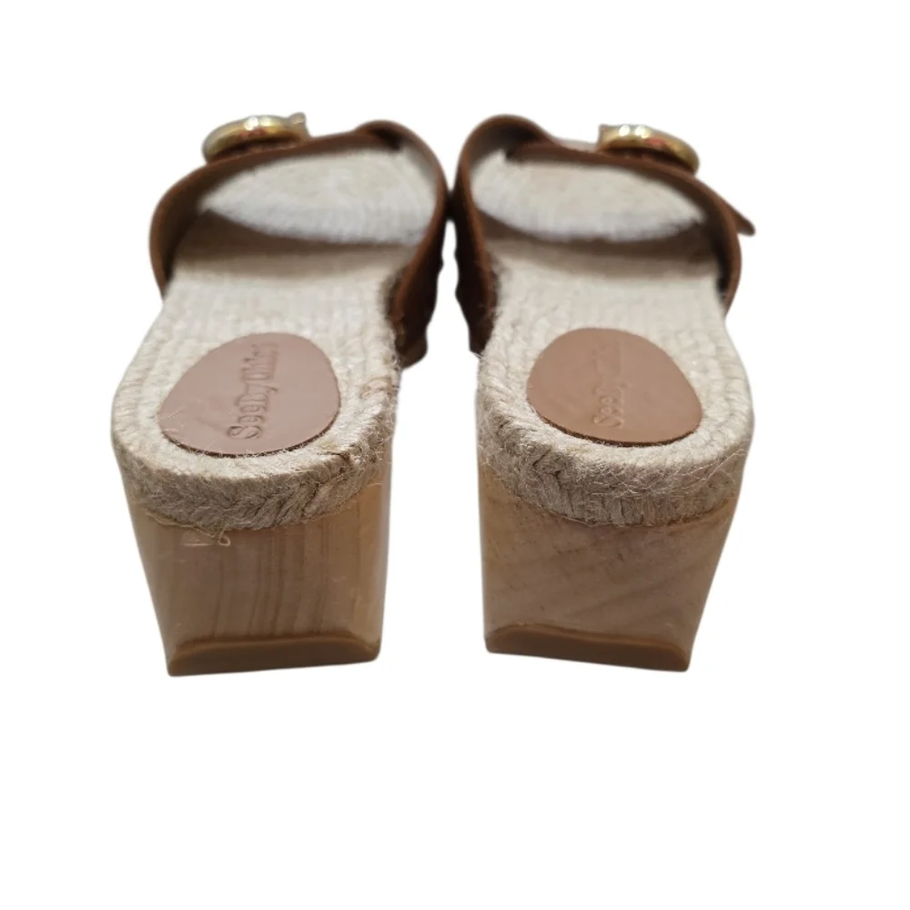 See By Chloe Viviane Leather Jute Wood Platform Sandals Open Toe Clog Cedar 37 7 - Picture 10 of 12